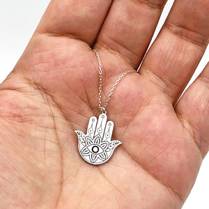 Silver Hamsa Hand Ankh Lotus Necklace