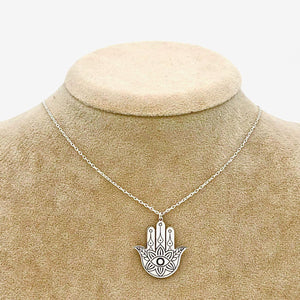 Silver Hamsa Hand Ankh Lotus Necklace