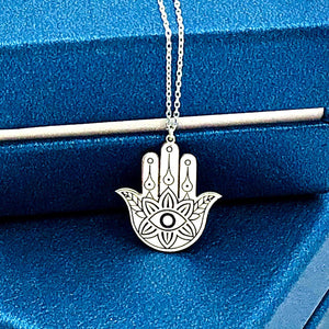 Silver Hamsa Hand Ankh Lotus Necklace