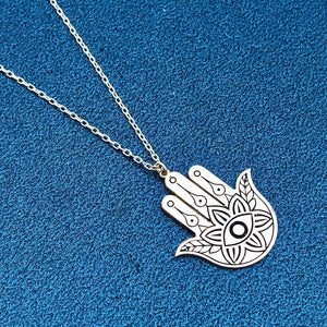 Silver Hamsa Hand Ankh Lotus Necklace