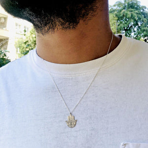 Silver Hamsa Hand Ankh Lotus Necklace